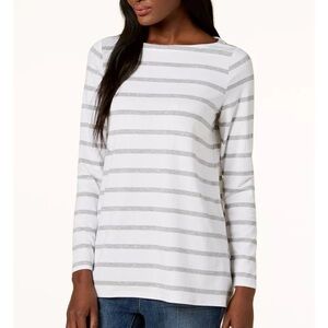 Eileen Fisher Gray and White Top Tencel Boat Neck Top XS